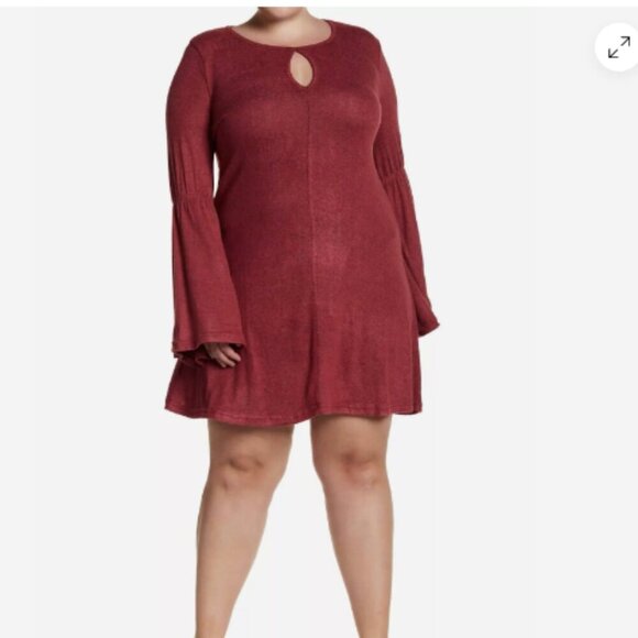 Burgundy Bell Sleeve Knee Length Dress Keyhole Sweater Dress 2xl 3xl - Picture 3 of 12